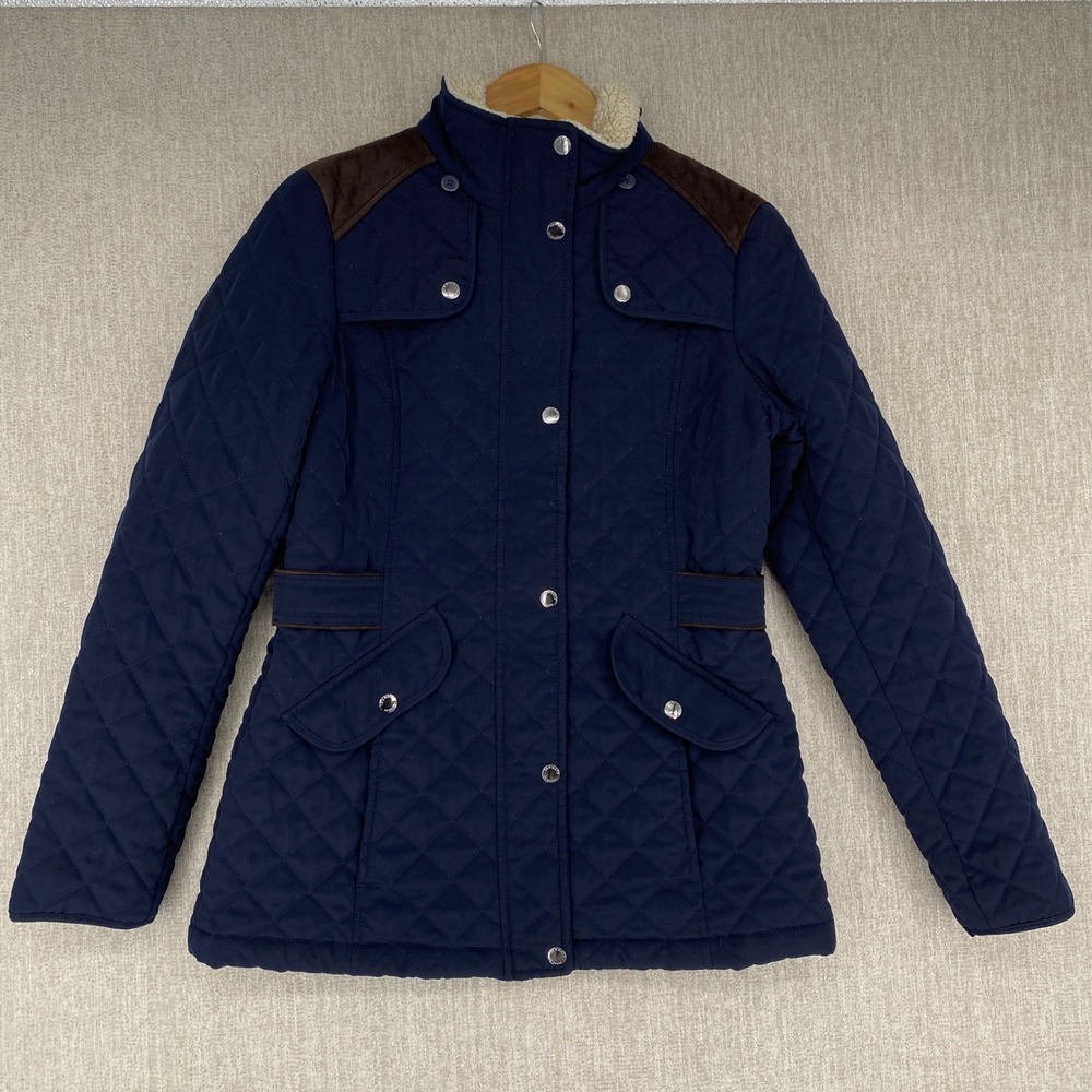 Laundry by Design Quilted Barn Jacket Small Navy Blue Suede Trim Faux Fur Collar